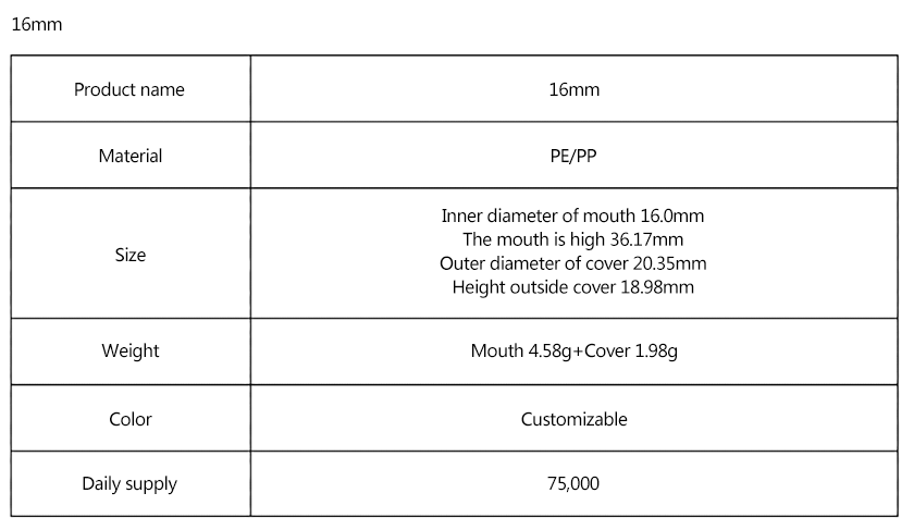 Parameter table of 16.0 mm inner diameter suction nozzle