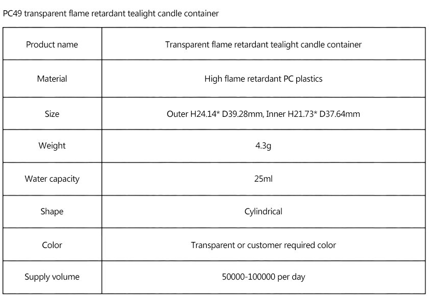 PC49 transparent flame retardant tealight candle container